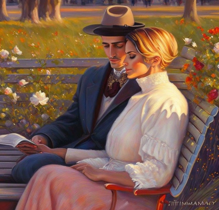 Vintage-dressed couple reading book on bench in lush greenery