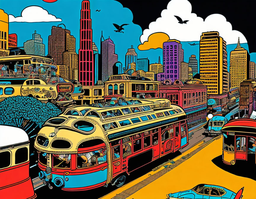 Vibrant cityscape illustration with retro-futuristic vehicles & skyscrapers