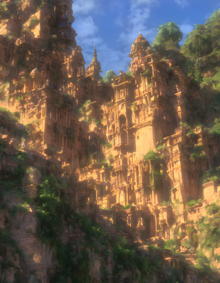 Sunlit ancient city with towering temples on steep cliffside