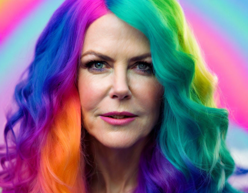 Colorful Woman with Rainbow Hair and Blue Eyes on Multicolored Background
