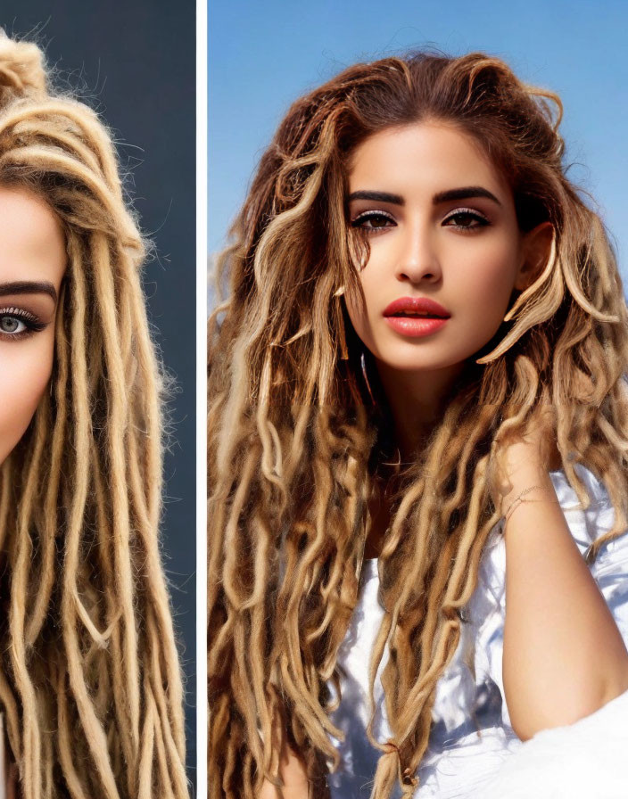 Blonde woman with dreadlocks on blue and white backgrounds