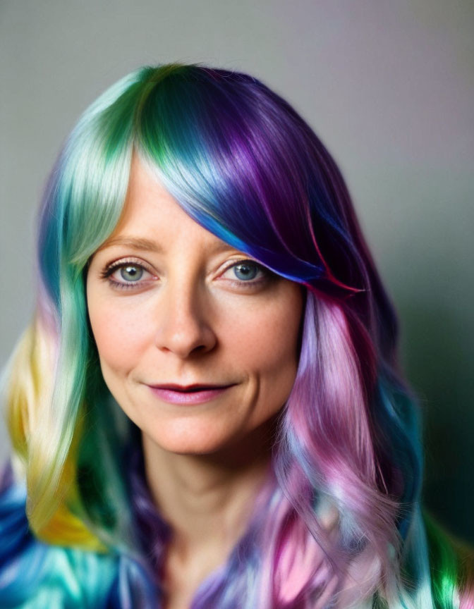 Portrait of a woman with blue eyes and vibrant multi-colored hair