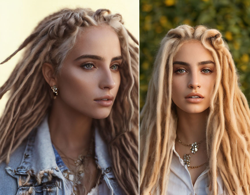 Blonde woman with dreadlocks in denim jacket and silver jewelry dual-image portrait