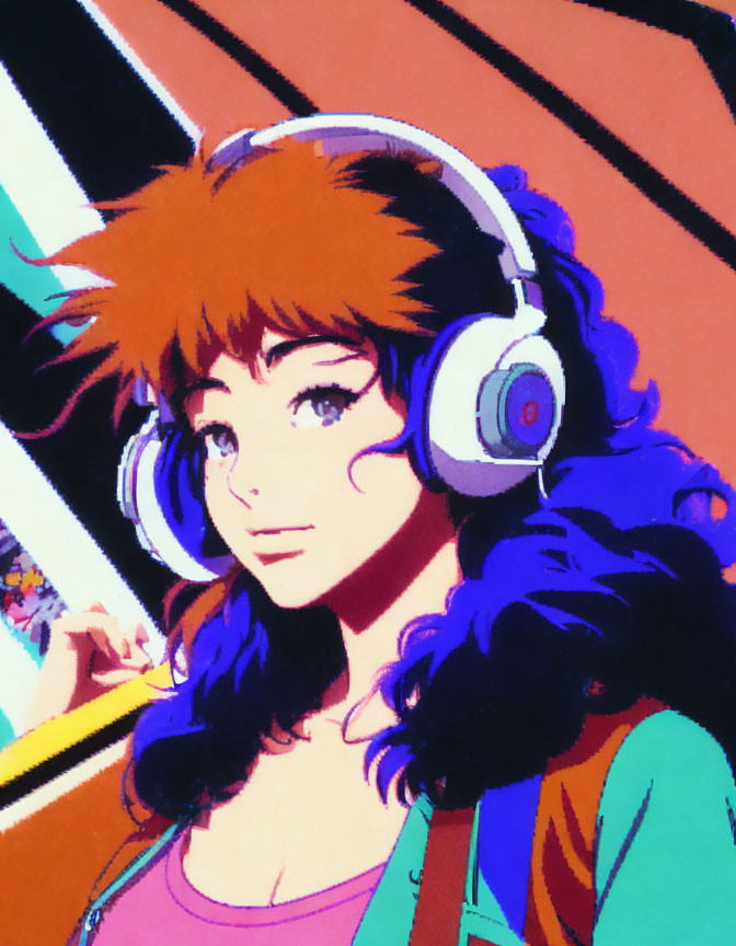 Vibrant animated female character with orange hair and headphones on colorful background