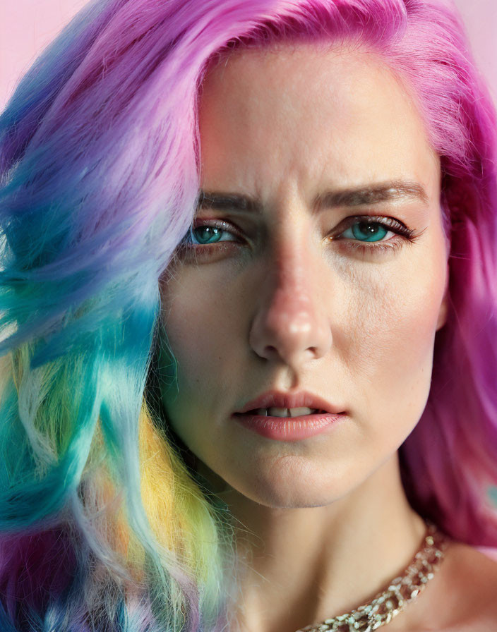 Close-up of woman with pink, blue, and teal multicolored hair and serious expression