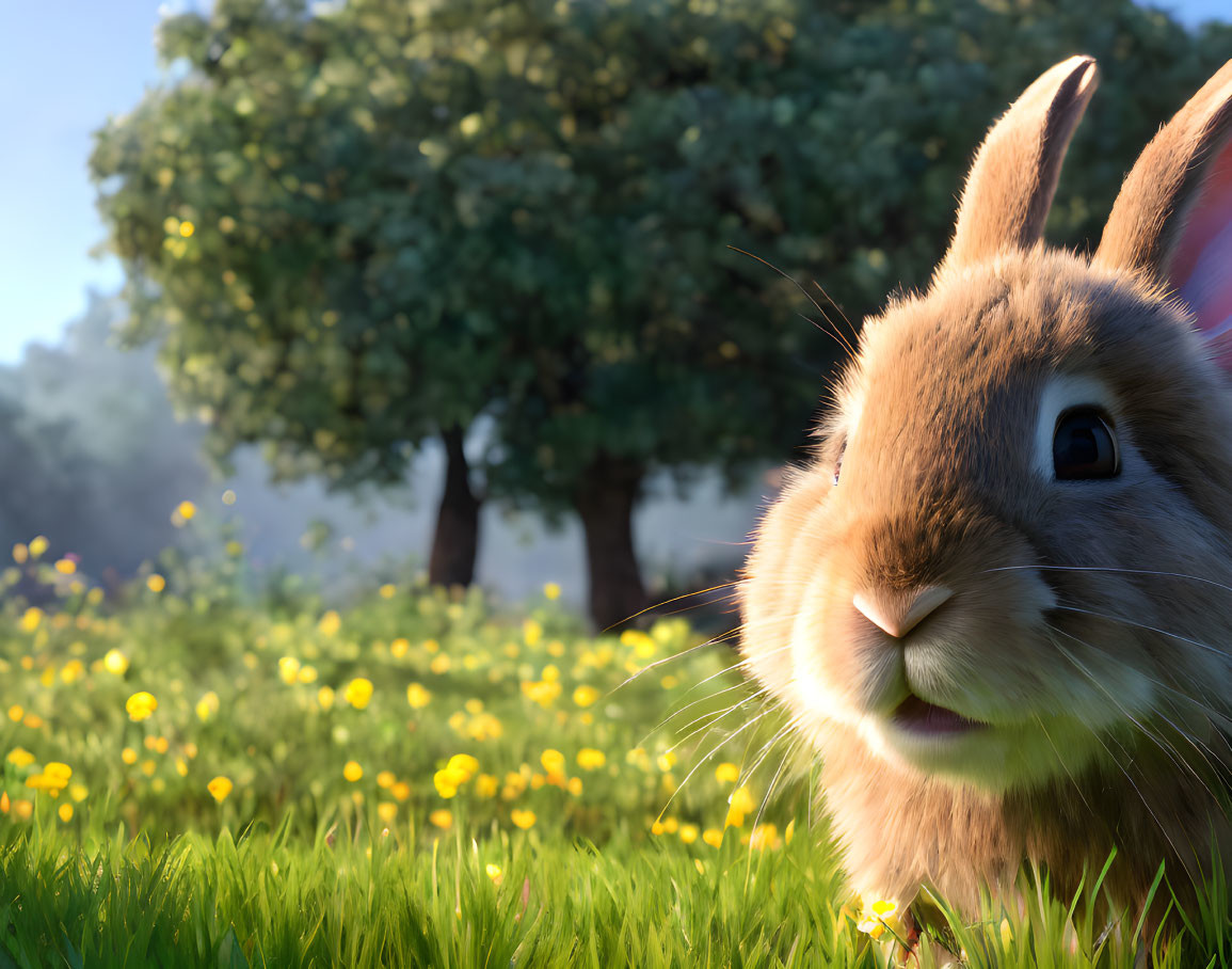 Furry rabbit in sunny meadow with dandelions and trees