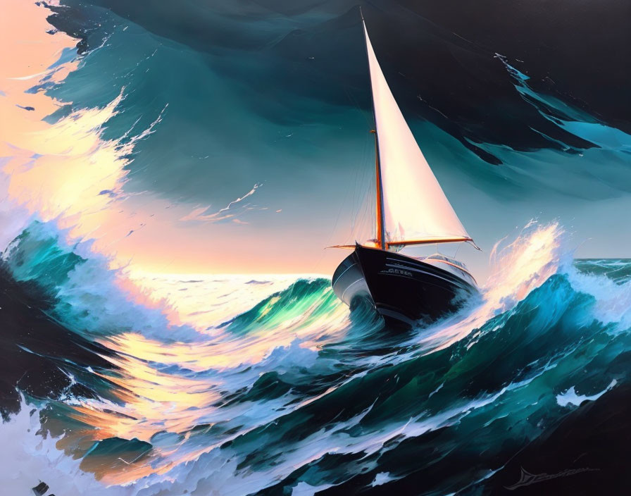 Sailboat navigating turbulent ocean waves at dramatic sunset