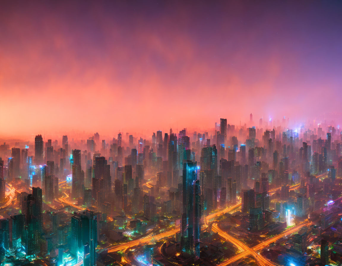 Neon-lit cityscape with high-rises at dusk