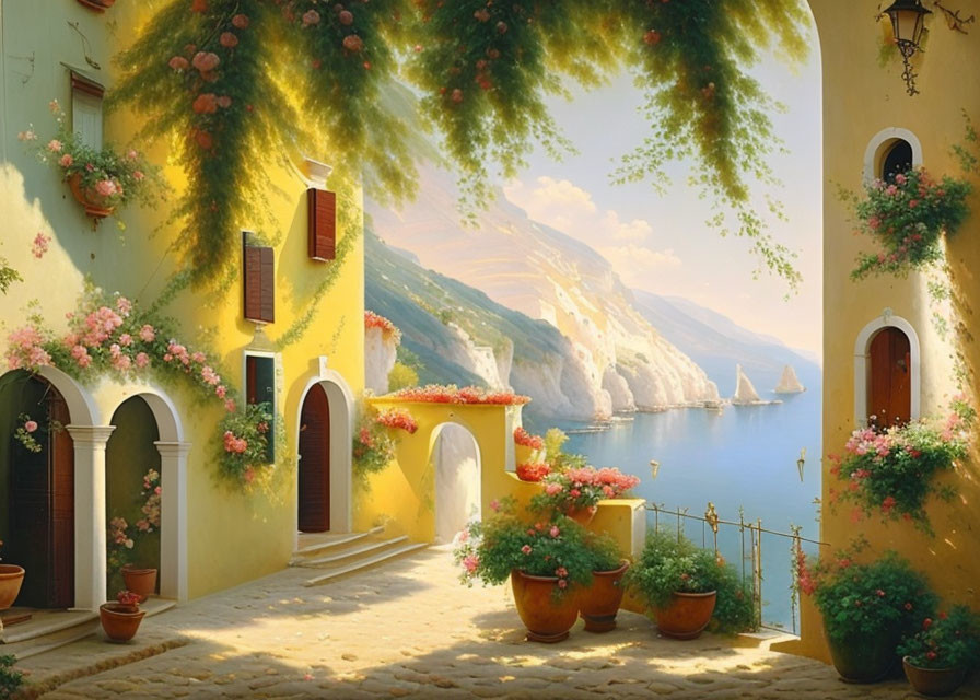 Coastal village scene with yellow walls, arched doorways, blooming flowers, and sea