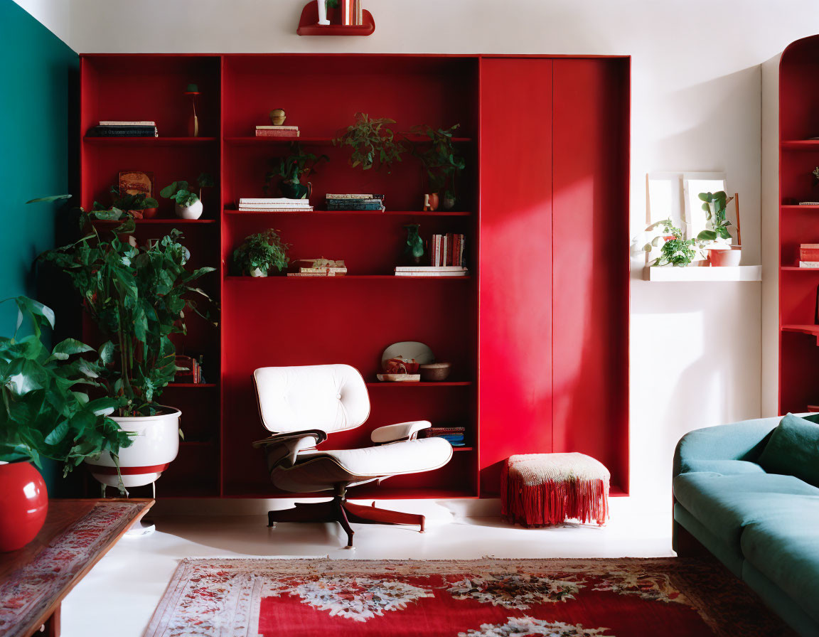 Colorful Room with Red Shelving, White Chair, Turquoise Sofa, and Indoor Plants