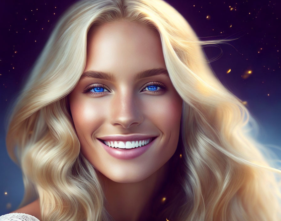 Smiling woman with blue eyes and blonde hair against starry backdrop