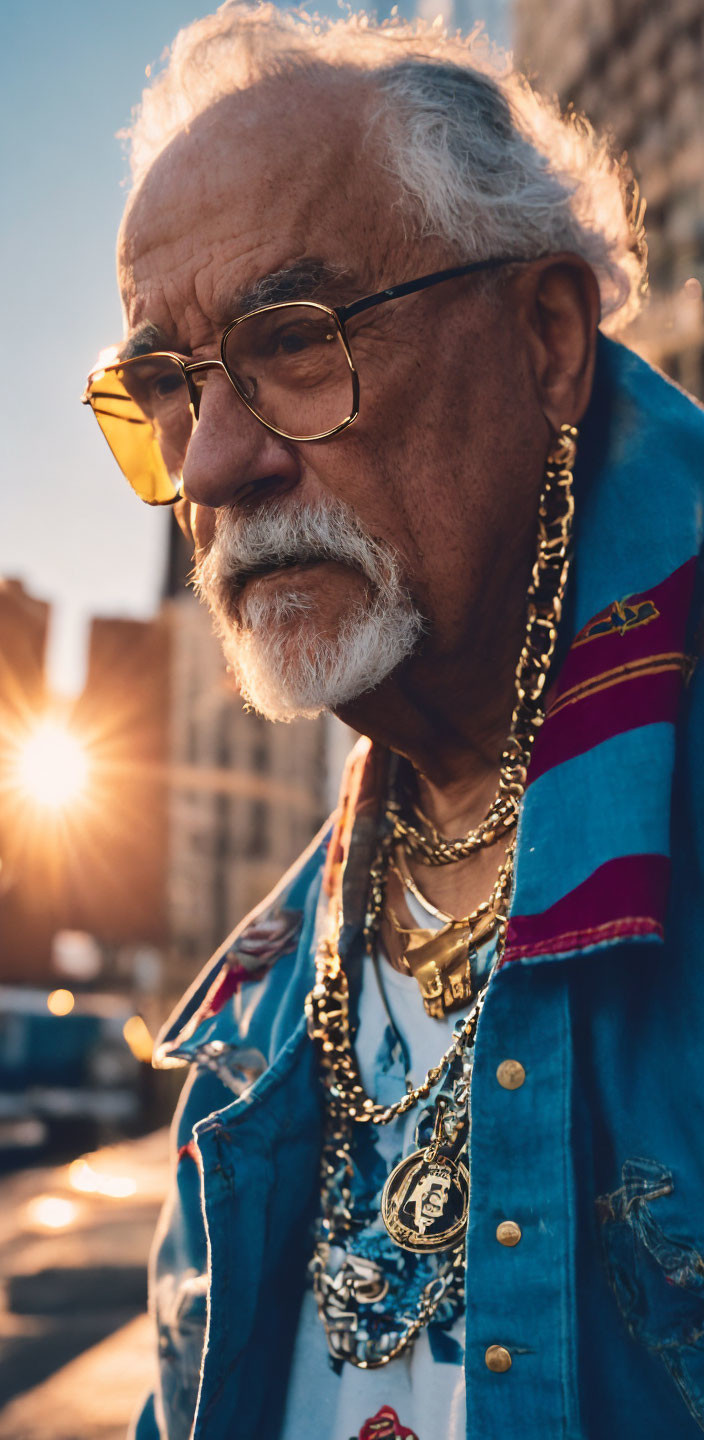 Elderly Man with White Beard and Sunglasses in Urban Setting