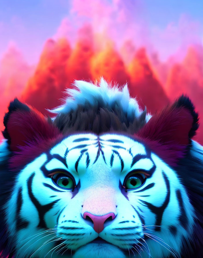 Colorful digital artwork: Tiger with blue and white fur on fiery red and purple background