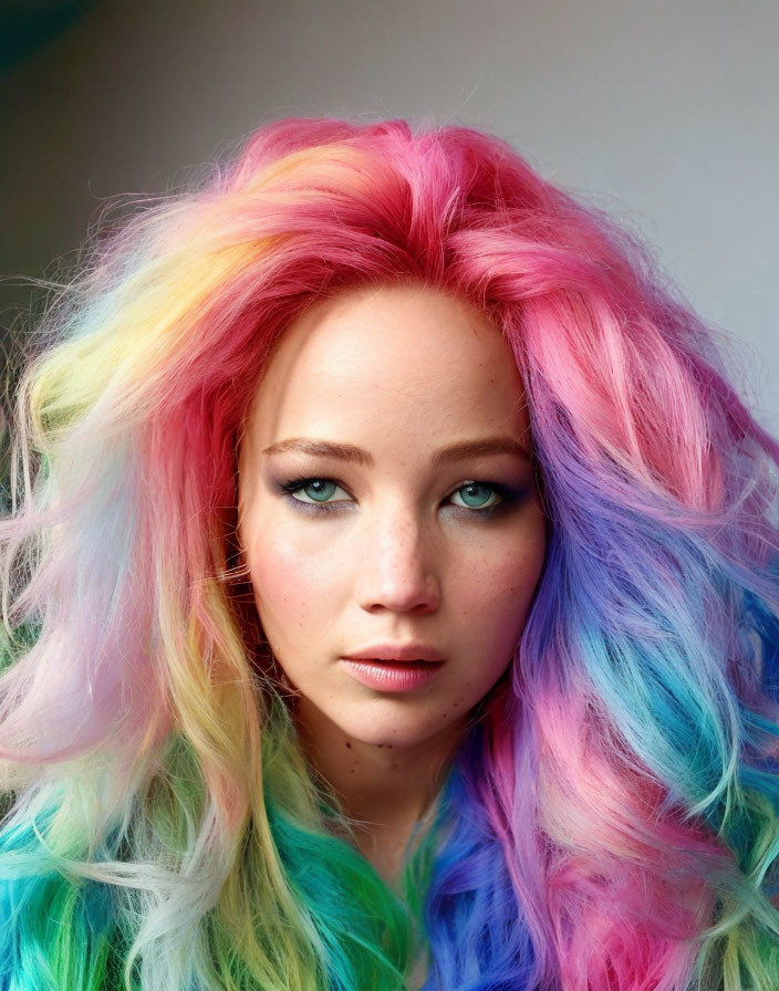 Vibrant rainbow-colored hair and bright blue eyes portrait.