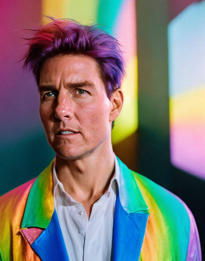 Vibrant man with purple hair in rainbow shirt against colorful backdrop