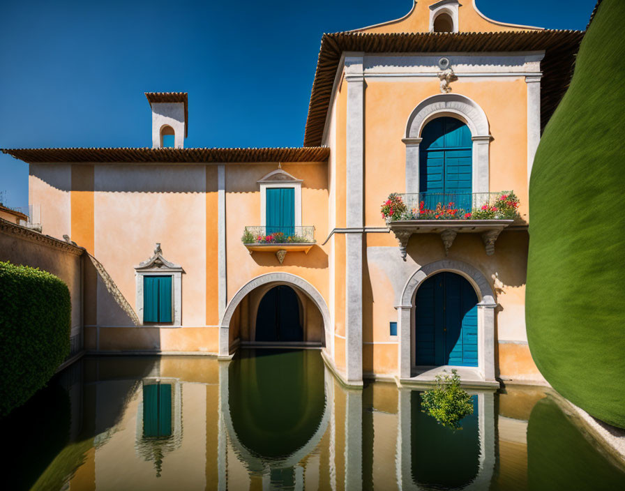 Tranquil waterway mirrors peach building with arched doorways and vibrant flower boxes