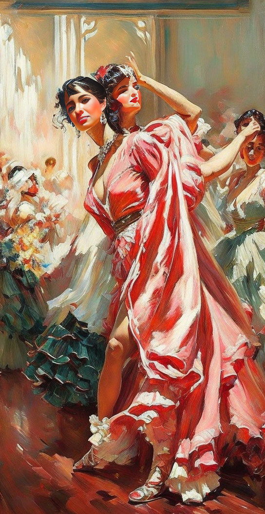 Three women dancing in vibrant, flowing dresses - an impressionistic style.