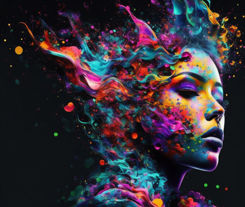 Colorful digital artwork: Woman's profile dissolving into paint splatters