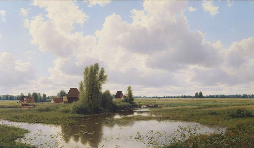 Tranquil landscape painting of calm river, green fields, houses, and cloudy sky