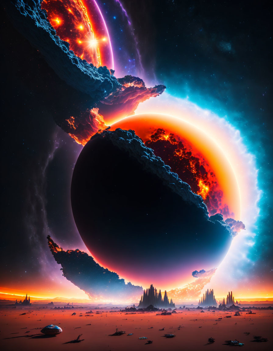 Colorful sci-fi landscape with rocky foreground and fiery celestial body