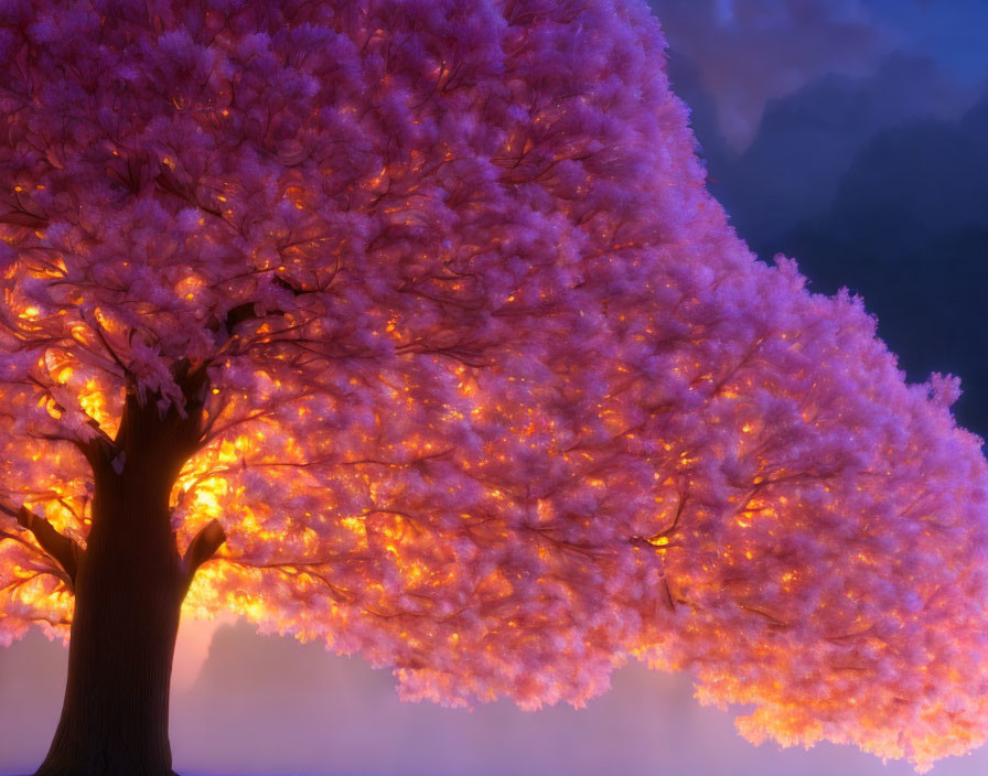 Pink Cherry Blossom Tree Illuminated in Twilight Sky