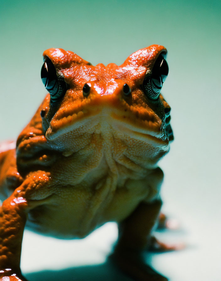 Vibrant orange frog with black eyes on green background