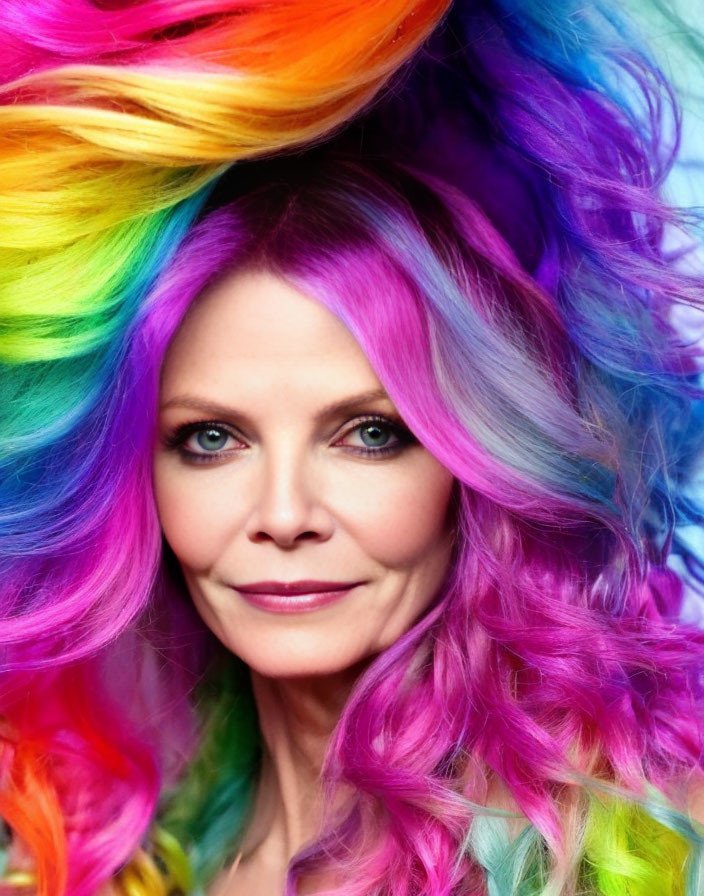 Vibrant rainbow-colored hair woman gazing at camera