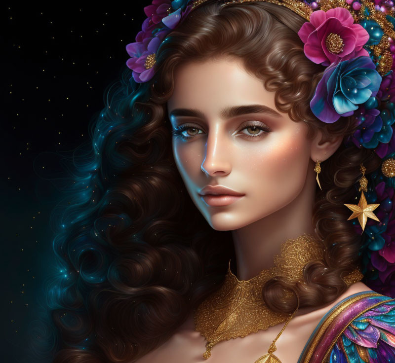 Digital artwork: Woman with luminous skin, blue wavy hair, flowers, golden jewelry.