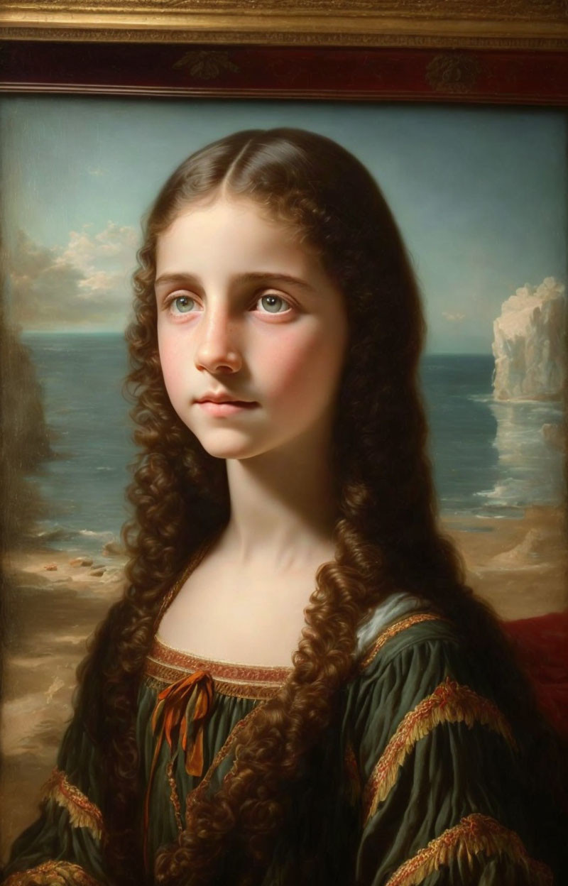 Young girl with long curly hair in traditional dress by serene seaside