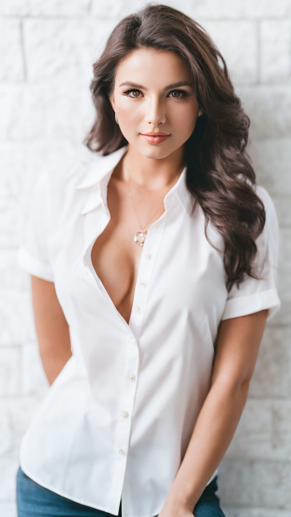 Long-haired woman in white shirt against white brick wall