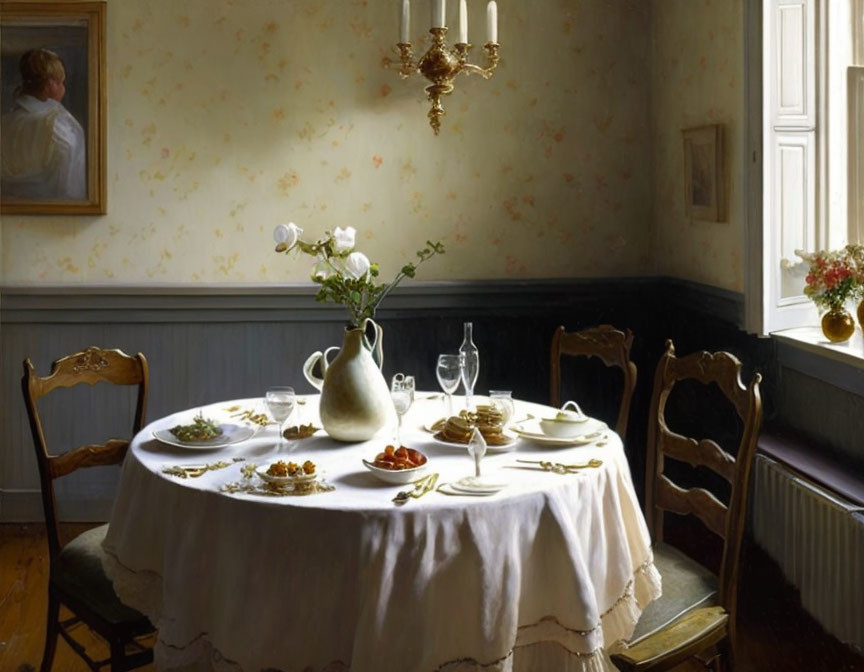 Vintage Dining Room with Elegant Table Setting, Floral Wallpaper, Chandelier, and Painting