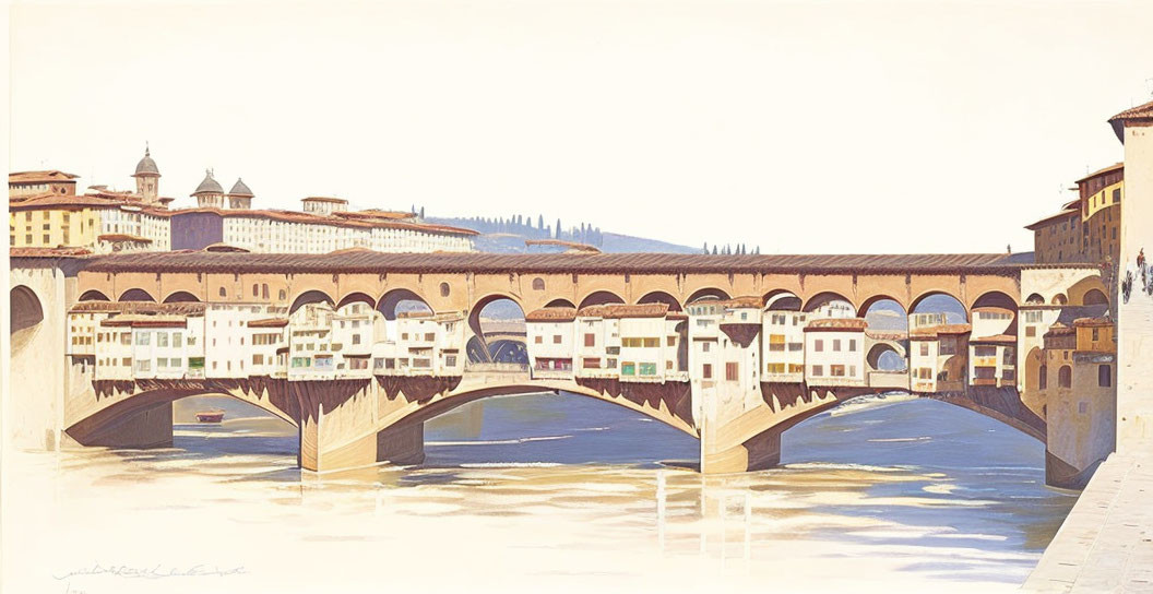 Medieval stone arch bridge over Arno River in Florence, Italy