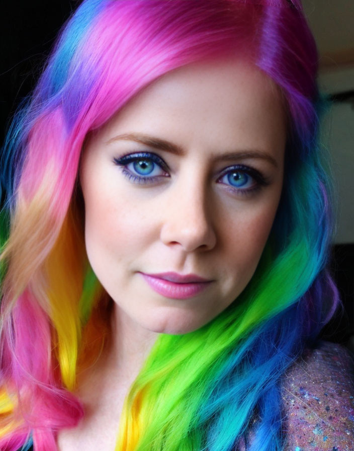 Multicolored Hair Woman with Blue Eyes and Subtle Smile