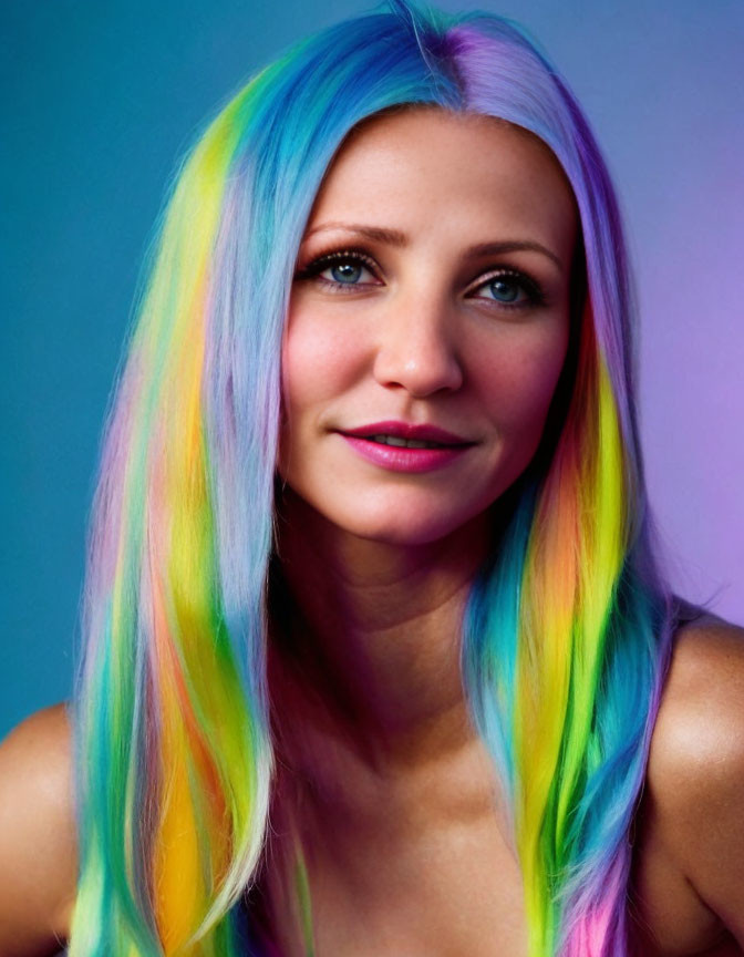 Colorful Long-Haired Woman Smiling on Blue-Purple Background