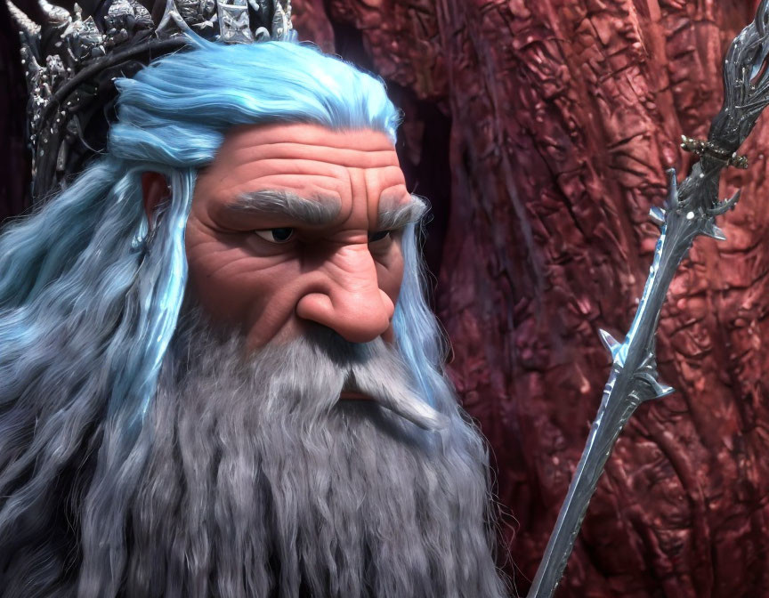 Blue Crowned Animated Character with White Beard and Scepter on Reddish-Brown Tree Background