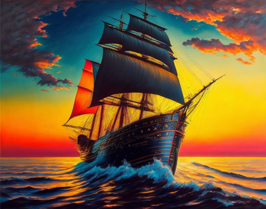 Colorful sunset seascape painting of tall ship with full sails on high seas.