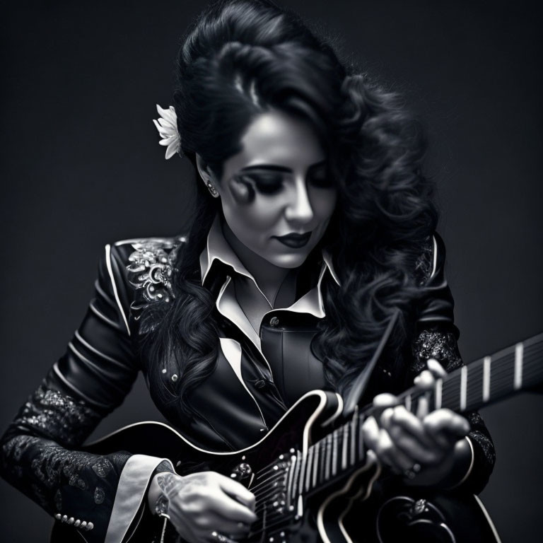 Monochrome portrait of woman with voluminous hair playing electric guitar