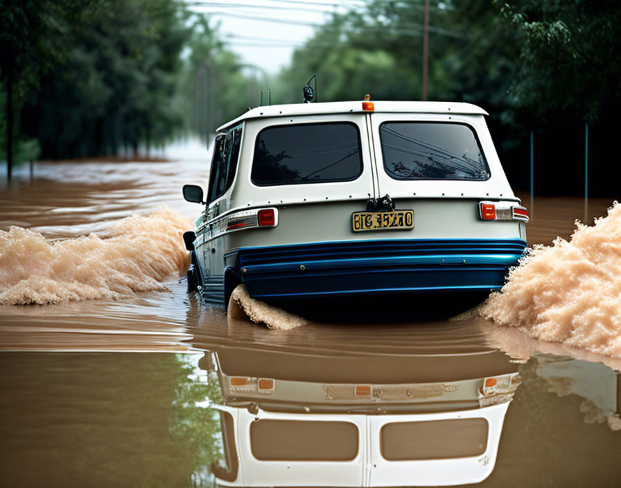 Amphibious Vehicle in Flooded Street with Halfway Water Level