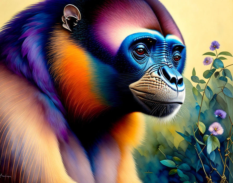 Colorful Mandrill Illustration with Blue and Orange Face Among Purple Flowers