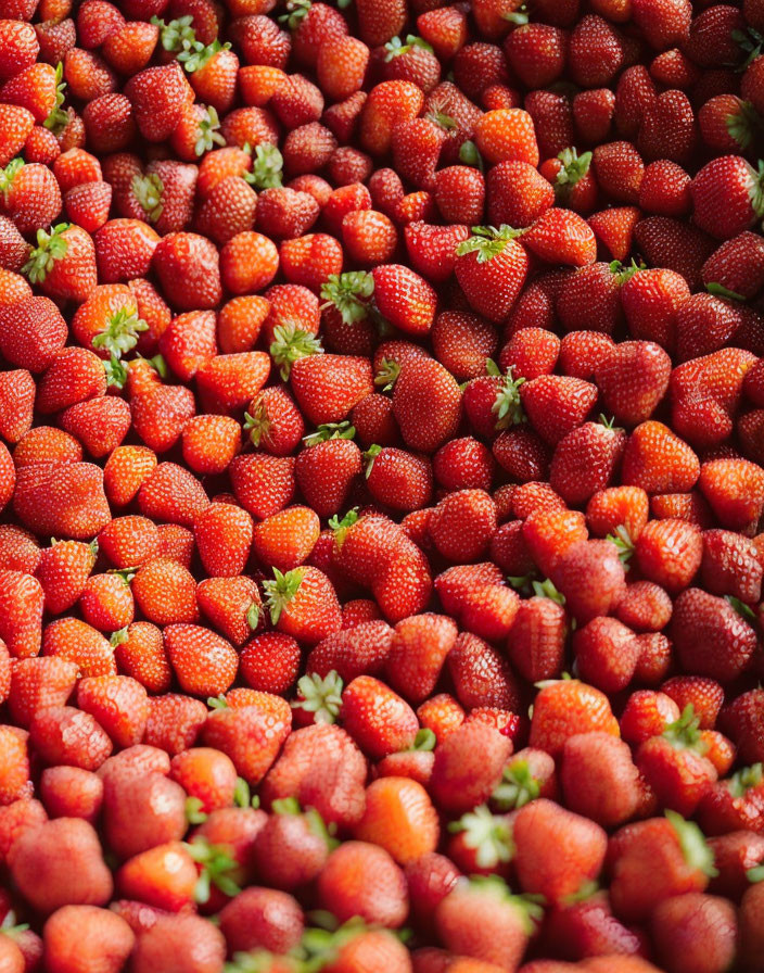 Close-up of vibrant ripe strawberries with fresh green stems