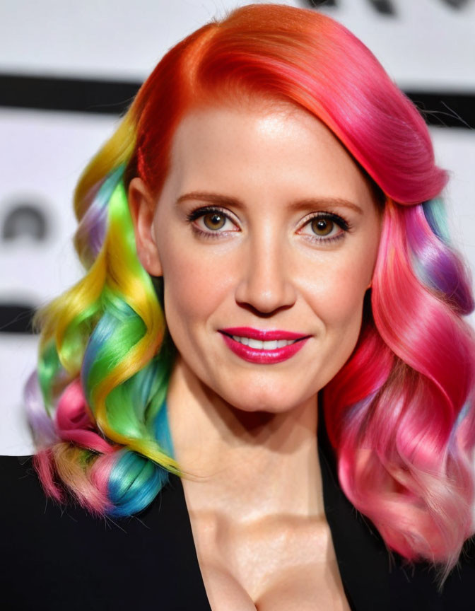 Woman with Rainbow-Colored Hair Smiling in Vibrant Shades