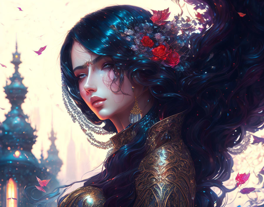 Woman with Dark Hair, Red Flowers, and Jewelry in Whimsical Setting