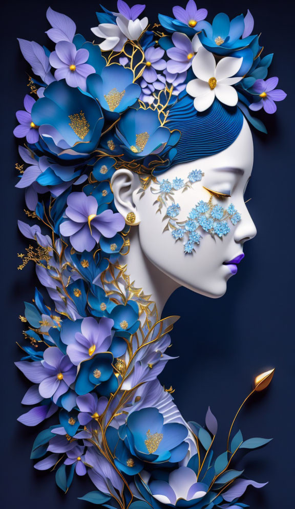 Woman's profile portrait with blue and purple floral head adornment and gold embellishments.