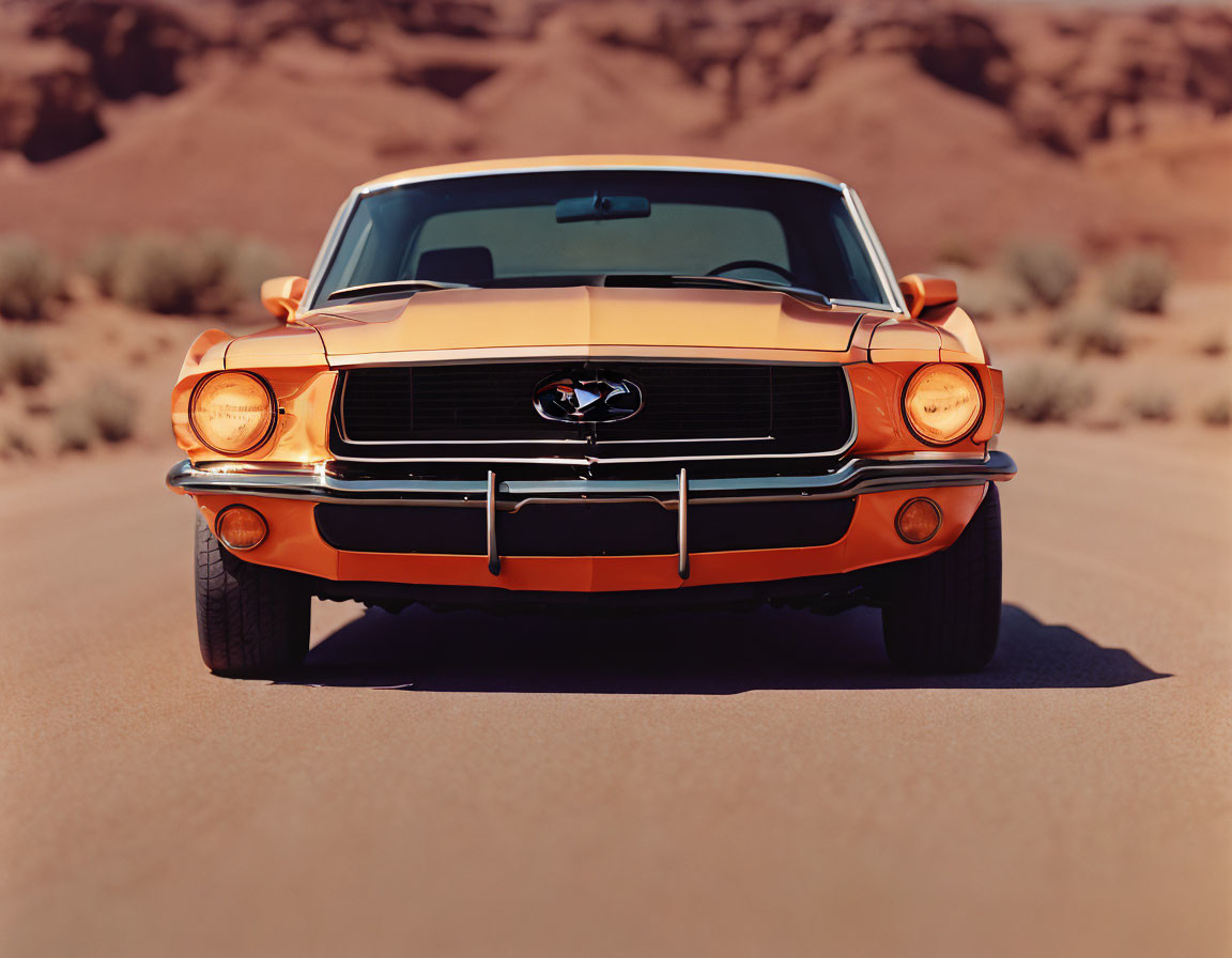 Vintage orange Mustang on empty desert road with rocky backdrop