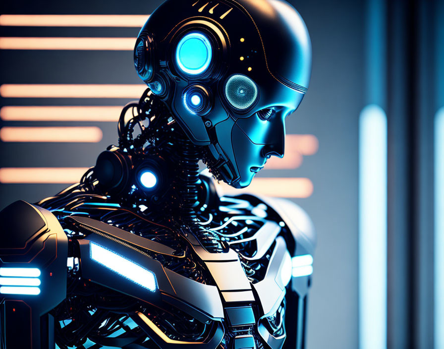 Detailed futuristic robot with illuminated blue elements and human-like head on glowing blue backdrop