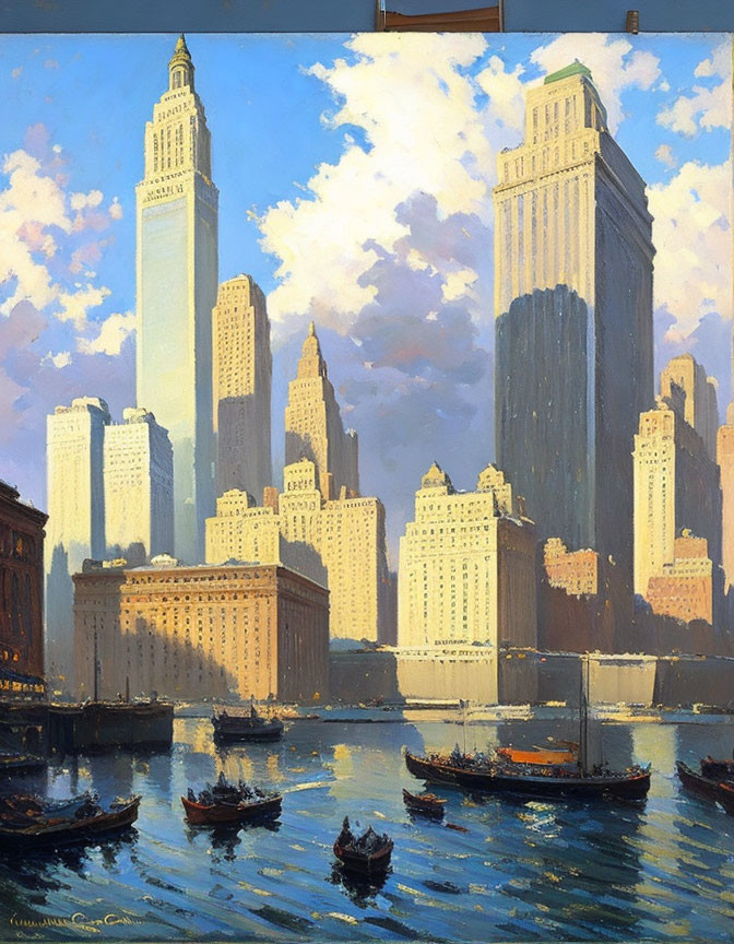 Bustling harbor scene with boats and skyscrapers under blue sky