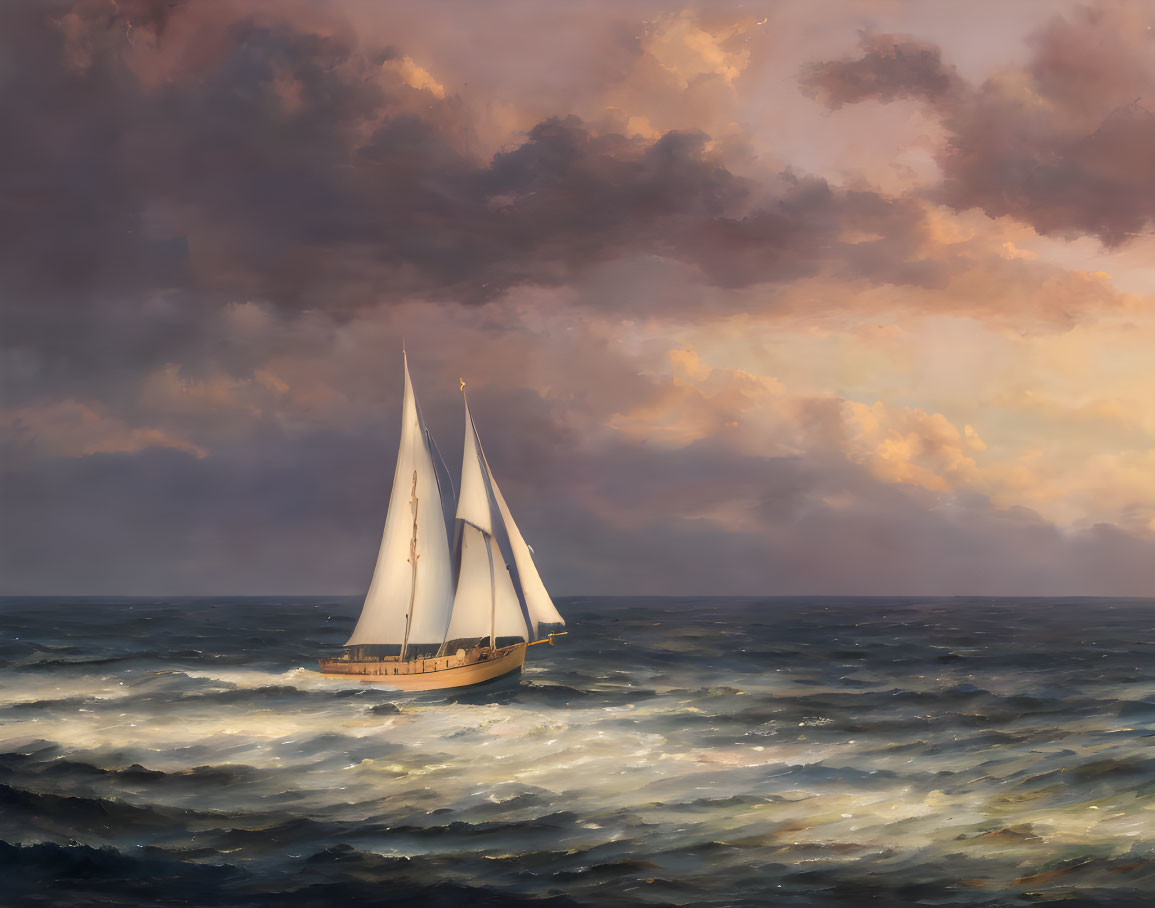 White sailboat on choppy ocean under golden sunlight