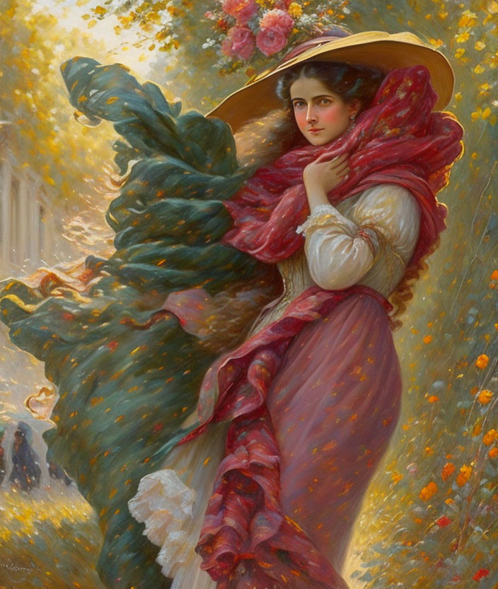 Vintage-clad woman in wide-brimmed hat surrounded by flowers in luminous setting