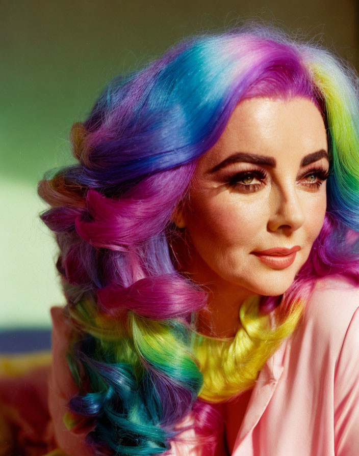 Multicolored Curly Hair Woman in Pink Top with Thoughtful Expression