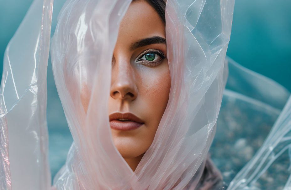 Portrait of a Woman with Striking Green Eyes and Translucent Plastic Sheet